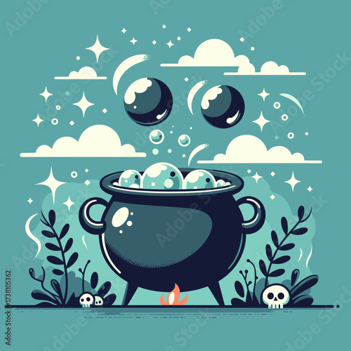 Witch's cauldron illustration, magical atmosphere, bubbling pot, whimsical style, copy space