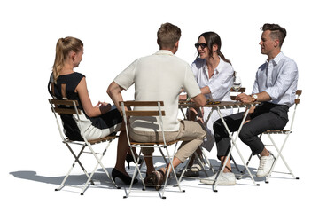 Group of young and fashionable people sitting in an outdoor cafe in summer and talking isolated on white and transparent background. With correct sunlight shadows.