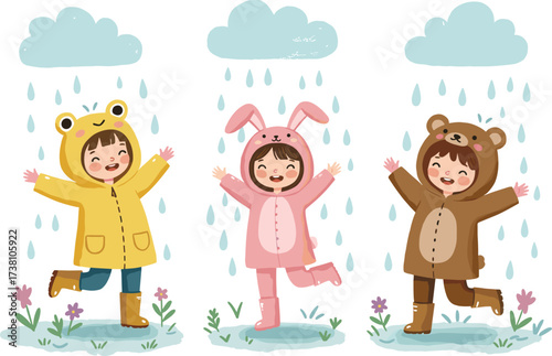 Children in animal raincoats playing joyfully in rainy weather with puddles, clouds, flowers, and nature elements in vector illustration