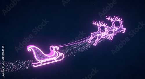 Glowing neon pink Santa's sleigh and reindeer flying through the night sky.