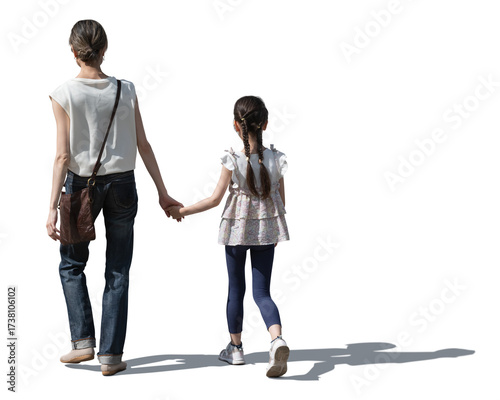 Japanese woman and child walking together hand in hand isolated on white and transparent background