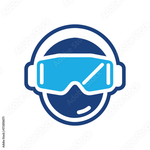Simple blue and white icon of goggles and headset snowboard winter sports