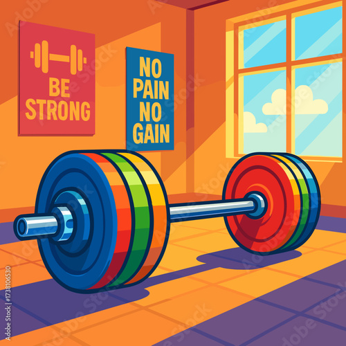 Weightlifting equipment illustration, fitness motivation, vibrant gym setup, dynamic colors, copy space