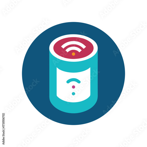 Smart Speaker Icon with Wifi Signal and Sound Waves in a Circle Keywords: smart speaker, wifi, wireless, network, internet, connection, technology