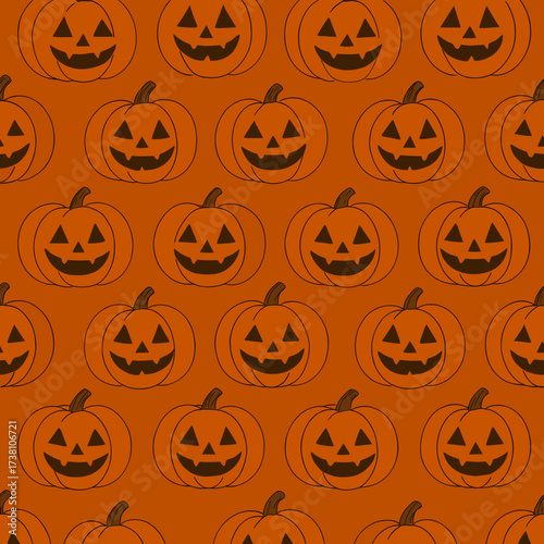 Pumpkin pattern illustration, festive design, Halloween theme, vibrant orange background, copy space