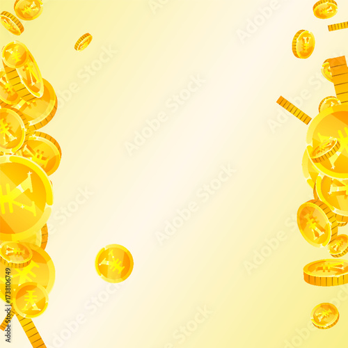 Chinese yuan coins falling. Scattered gold CNY