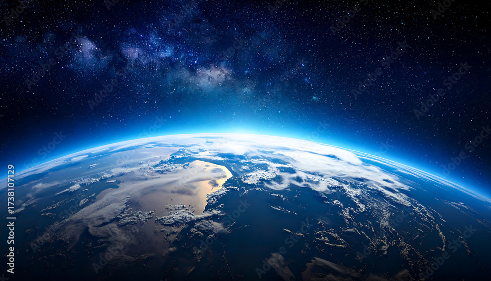 Obraz premium 宇宙から見た地球が朝日の光に輝き雲と海が美しく広がる雄大な景観