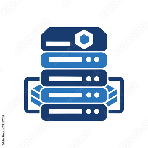 Stacked blue server racks with hexagonal logo on white background data storage