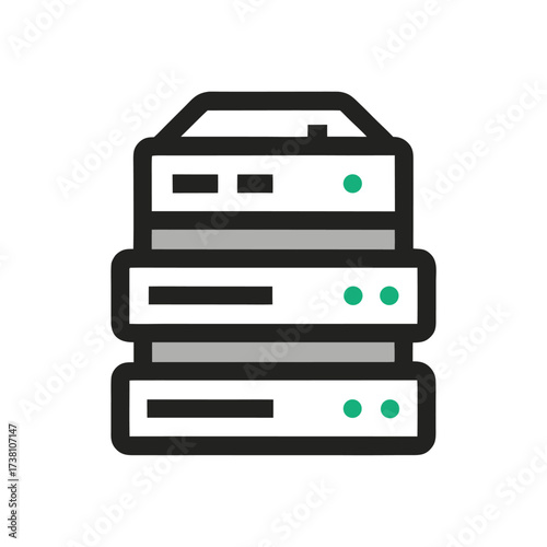 Stacked server racks icon with green indicator lights on white background data storage