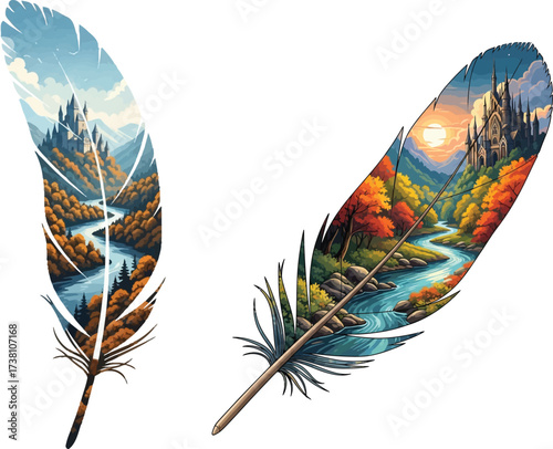 Enchanted Feather Art: Digital Painting of Autumn Forest & Castle Landscape