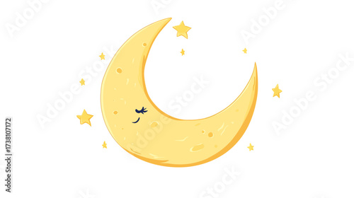 Crescent Moon and Stars Illustration, Night Sky, Graphic Design, Cheerful Environment, Flat Vector Style