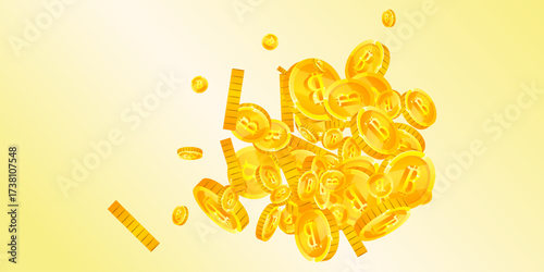 Bitcoin coins falling. Cryptocurrency scattered