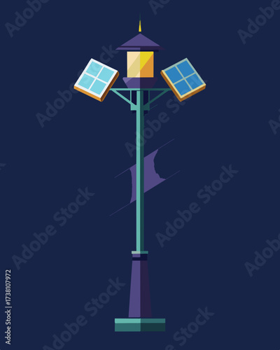An artistic streetlight with solar panels attached to its pole illuminating the path at night while storing energy during the day.. Vector illustration