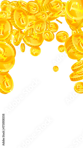 Russian ruble coins falling. Scattered gold RUB