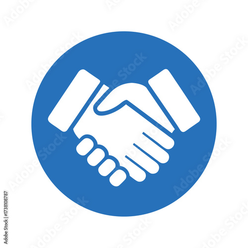 White handshake icon on a blue circle background agreement partnership