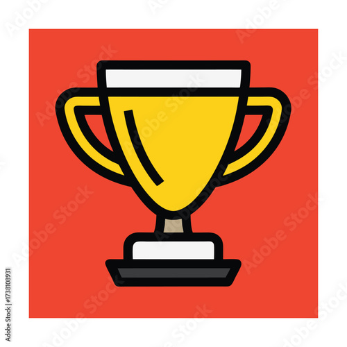 Yellow trophy with handles on red square background icon award symbol Keywords: trophy, award, cup, winner, champion, prize, yellow, gold
