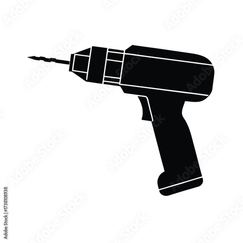 Minimalist black silhouette of a power drill on a clean white background