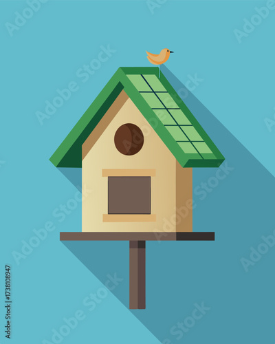 A minimalist birdhouse with clean lines and a discreet solar panel providing just enough light to create a cozy atmosphere for its avian residents.. Vector illustration