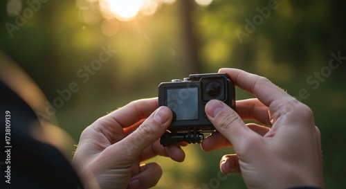 Hands hold a small action camera outdoors, highlighting a modern device for adventure and travel.Concept of portable video technology and lifestyle.