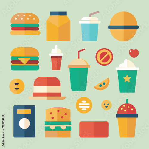Set of 18 flat vector icons for food delivery and fast food services featuring diverse culinary items and delivery elements