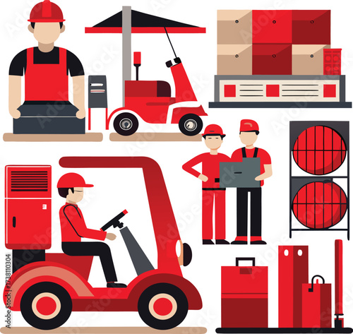 Logistics and delivery team with forklifts and boxes for warehouse operations and freight transportation