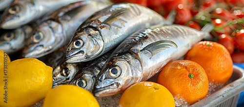 Fresh fish on ice at market with citrus and tomatoes