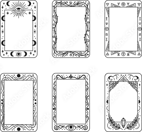 Collection of six tarot cards with celestial and mystical elements in black and white style