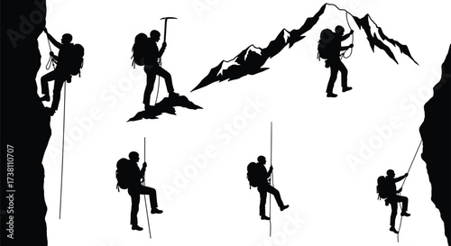Mountain climbers silhouettes with backpacks, ropes, and ice axes on alpine peaks, extreme adventure sport vector illustration for outdoor exploration