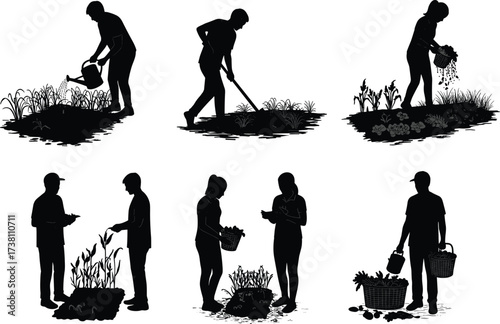 Agricultural silhouettes, farming teamwork, watering and harvesting, garden maintenance, black vector figures, rural labor, plant care, outdoor activity, data recording, nature work