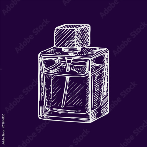 Cologne bottle sketch illustration. Perfume outline drawing in engraving style. Hand-drawn vector line art clipart, isolated