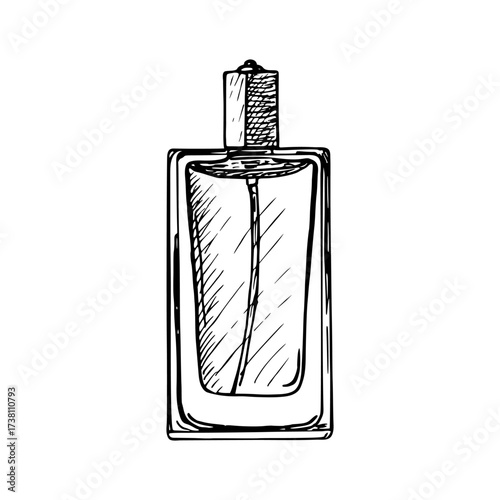 Sketch illustration of a glass spray perfume bottle. Fashion, cosmetics concept. Outline drawing in engraving style. Hand-drawn vector line art clipart, isolated