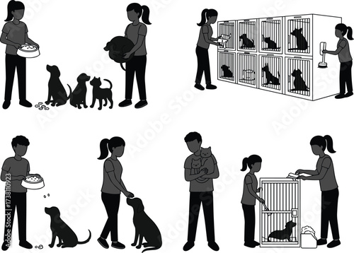 Animal shelter silhouette, pet care, feeding dogs, cleaning cages, holding cats, kennel scene, vector art, black figures, compassion, rescue, volunteer work