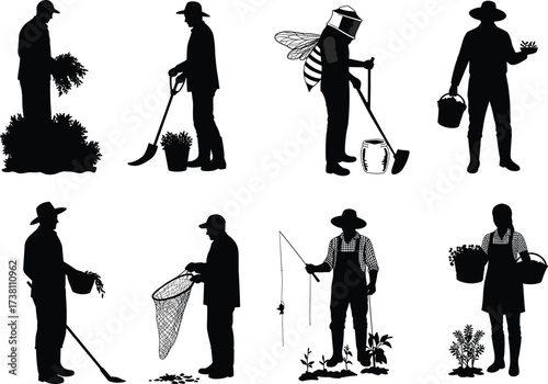 Agricultural workers, gardening tools, harvesting herbs, soil cultivation, beekeeping, crop collection, rural labor, black silhouette vector, farming activity, outdoor work scene