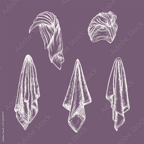 A set of sketch illustrations of towels and towels on a head. Drawing in an engraving style. Hand-drawn vector line art clipart, isolated