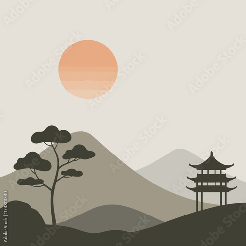 Stylized Eastern Landscape Serenity with Pagoda Silhouette and Setting Sun