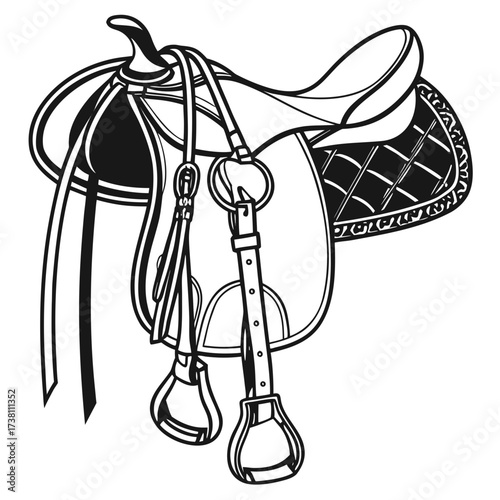 Illustration of a horse saddle with stirrups