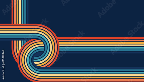 Modern vintage poster with an abstract vector design of rainbow stripes on a dark background. Retro-futuristic wavy lines in a full color spectrum for poster designs, banner templates, and retro-moder