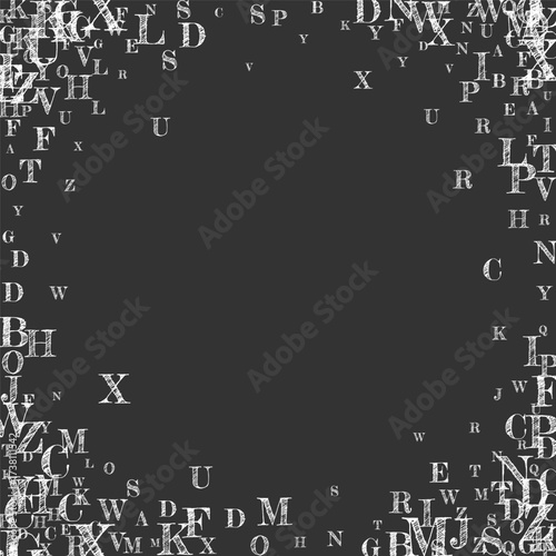 Flying latin letters. White chalk  scattered