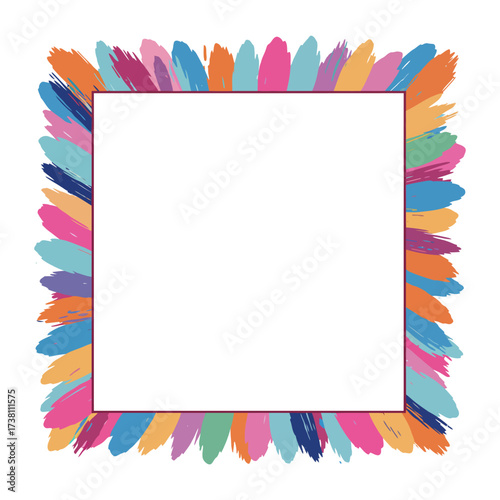 Colorful abstract frame design featuring brushstrokes surrounding a central square.