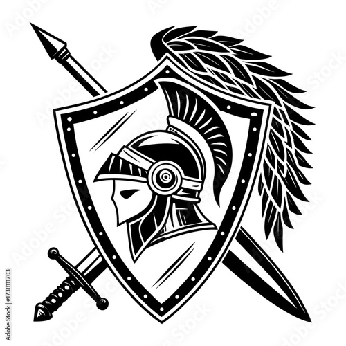 Warrior shield with sword and spear