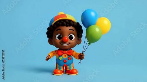  Clown Holding Balloons on a Blue Background. Seamless Loop