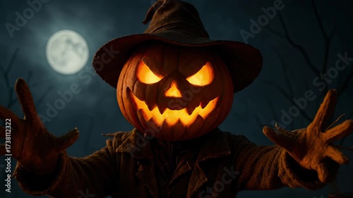 Spooky Halloween Jack-o-lantern in the Creepy Woods. Seamless Loop