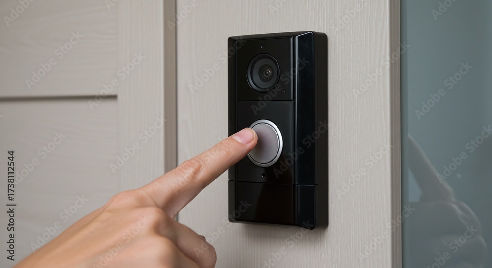 Fototapeta premium A hand presses the button on a smart video doorbell, highlighting modern home security technology.Concept of home security and smart device technology.