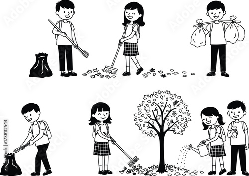Children environmental activity silhouettes, teamwork cleanup vector, kids planting trees, sweeping leaves, holding trash bags, black icons for eco care, education, service