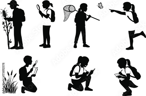 Children nature exploration silhouettes, outdoor science activity vector, kids observing plants, using tools, black icons for education, curiosity, learning, discovery