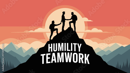 Inspiring teamwork summit success illustration, collaborative leaders reach mountain peak, humility, achievement and support, business concept, vector art
