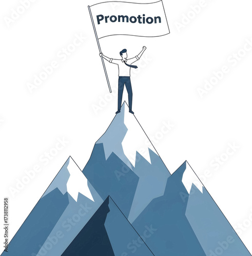 Illustration of a man on top of a mountain holding a flag that says "Promotion".