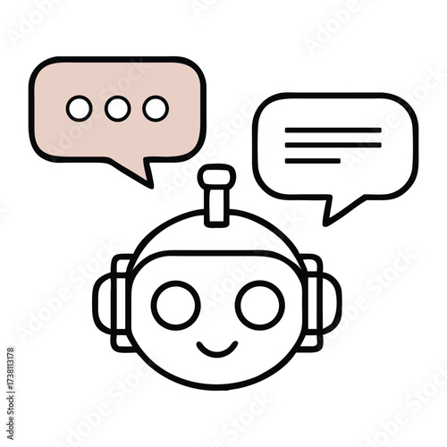 Friendly chatbot robot head illustration with two speech bubbles perfect for technology communication and ai related advertising banners and designs