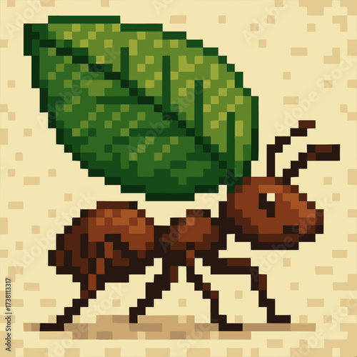 Pixelated ant illustration, carrying a leaf, vibrant colors, whimsical design, copy space