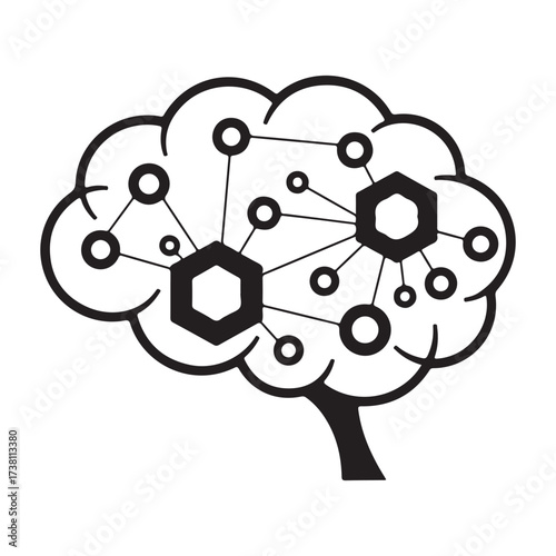 Monochrome brain illustration showing an interconnected geometric network design.
